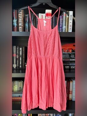 True Destiny Coral Pink Crochet Bodice Midi Dress